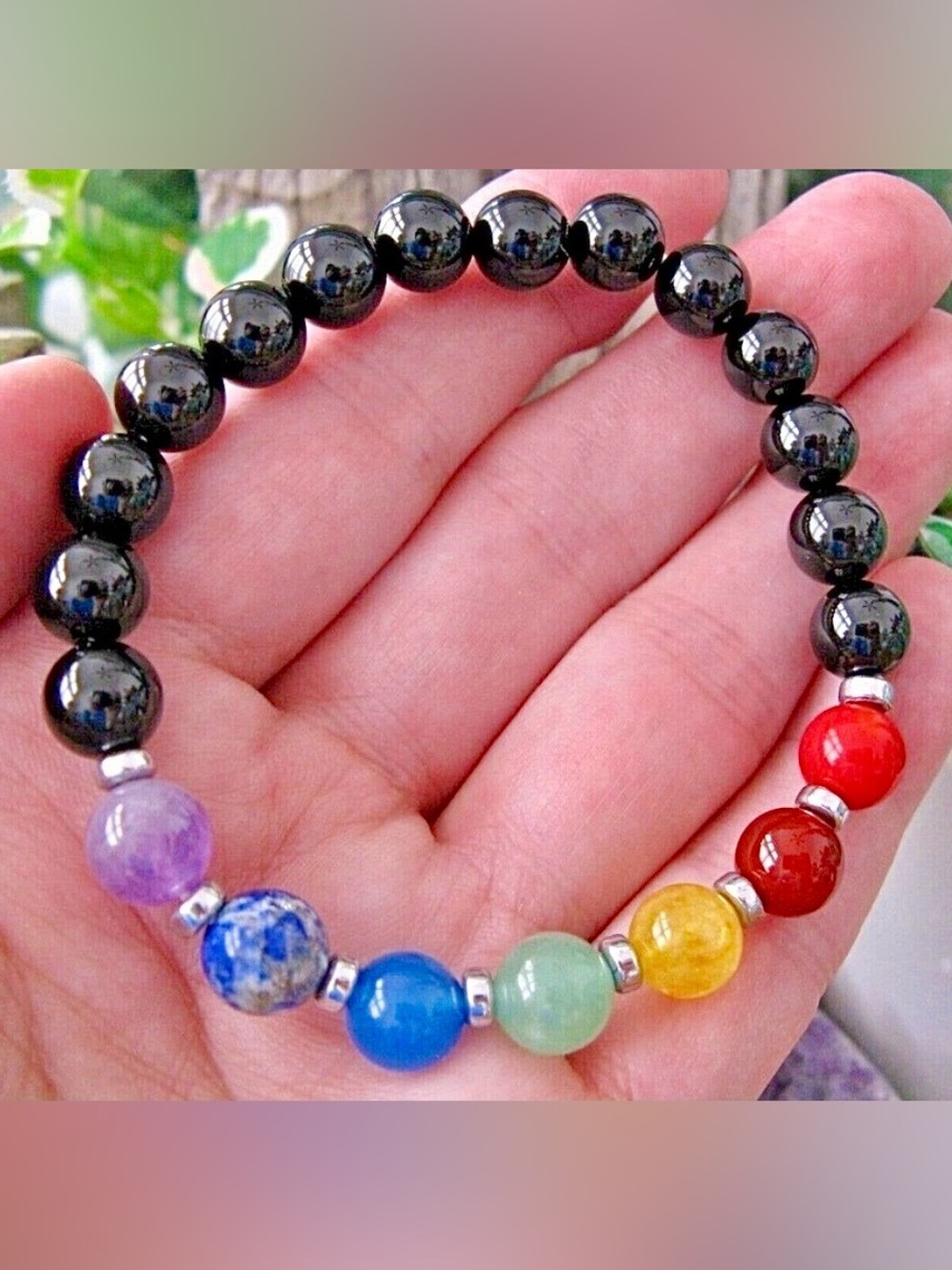 New Natural Crystal Healing Chakra Gemstones & Black Onyx Quartz Bracelet - 8”